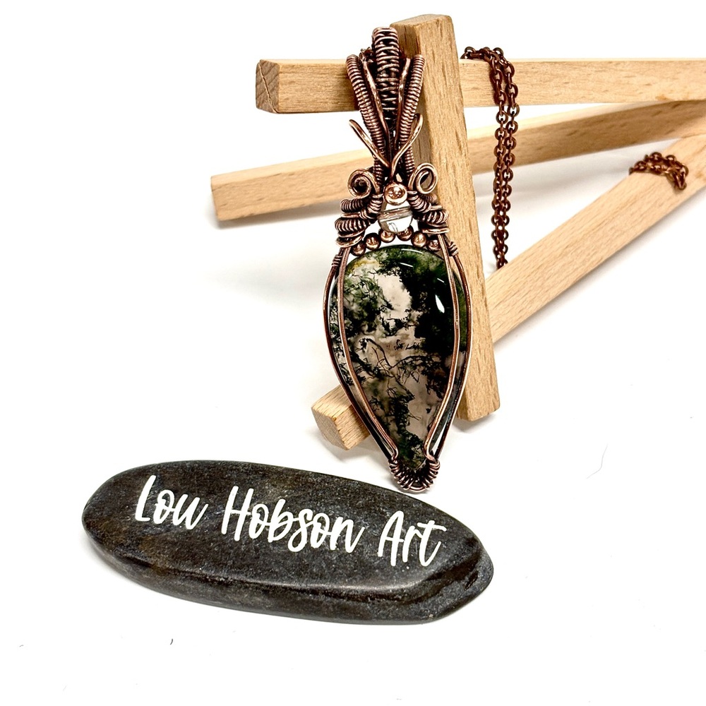 HANDMADE MOSS Agate & Clear Quartz Hand Wrapped Copper Statement Necklace, Gift - Picture 10 of 10